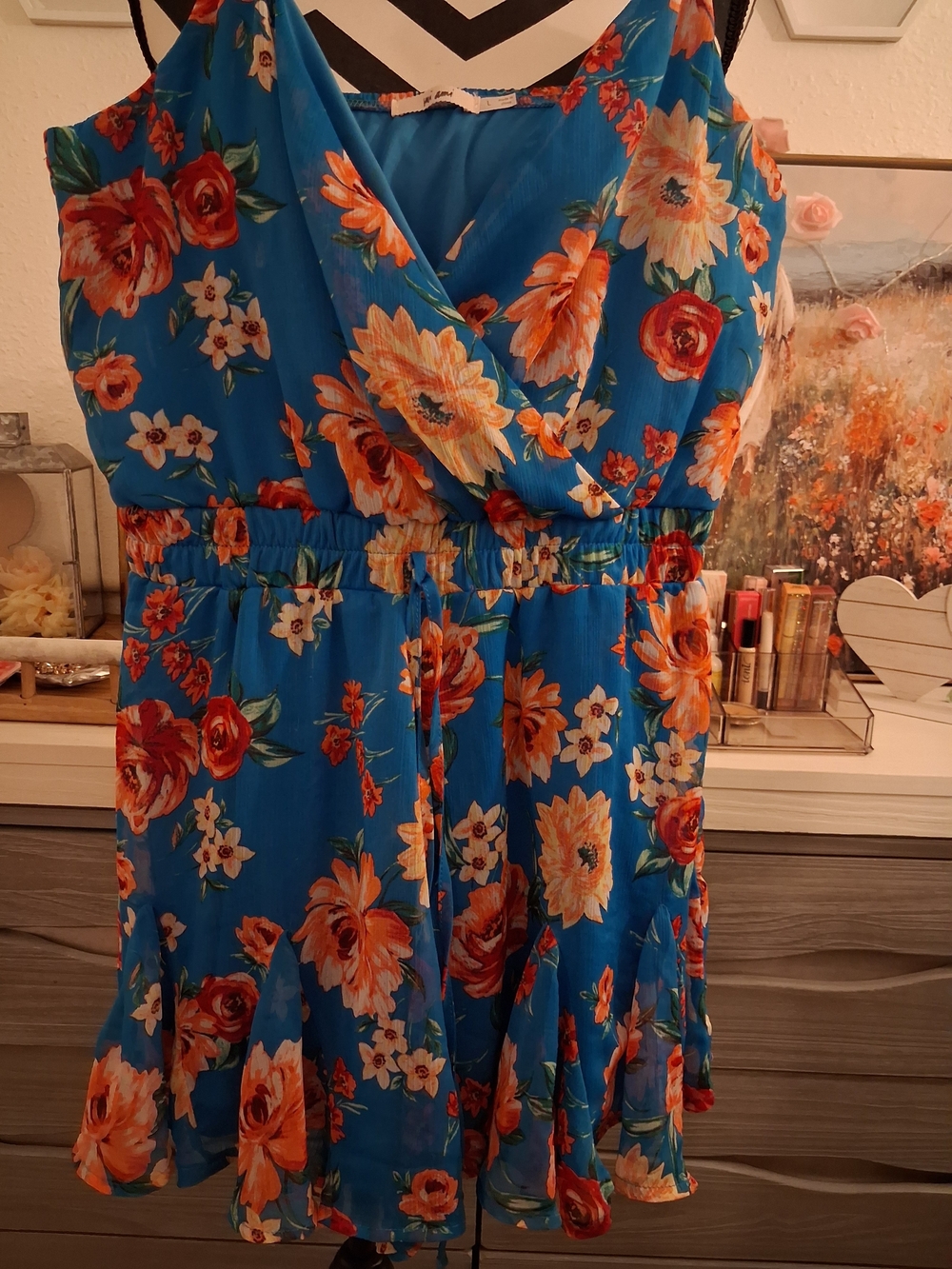 miami Blue Floral Romper with Orange and Cream Blooms